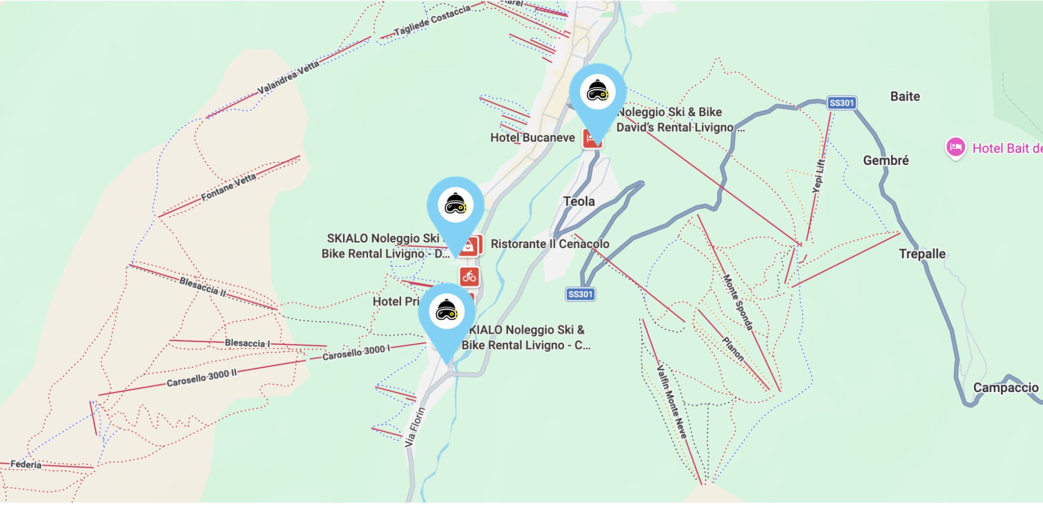 Mapa Livigno z trzema punktami odbioru Skialo