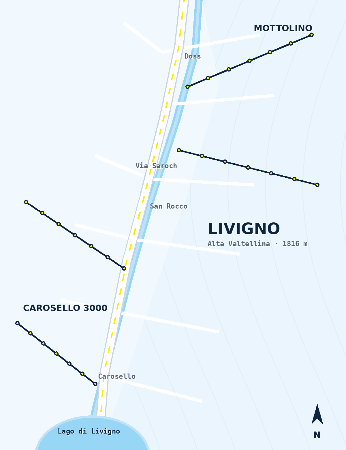 Mapa Livigno z 3 sklepami Skialo: Doss, San Rocco i Carosello 3000